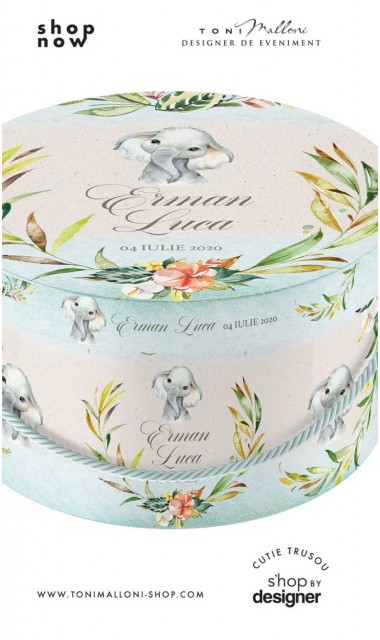 Cutie de trusou rotunda cu elefant personalizata pentru baieti Boho Baby Elephant 3